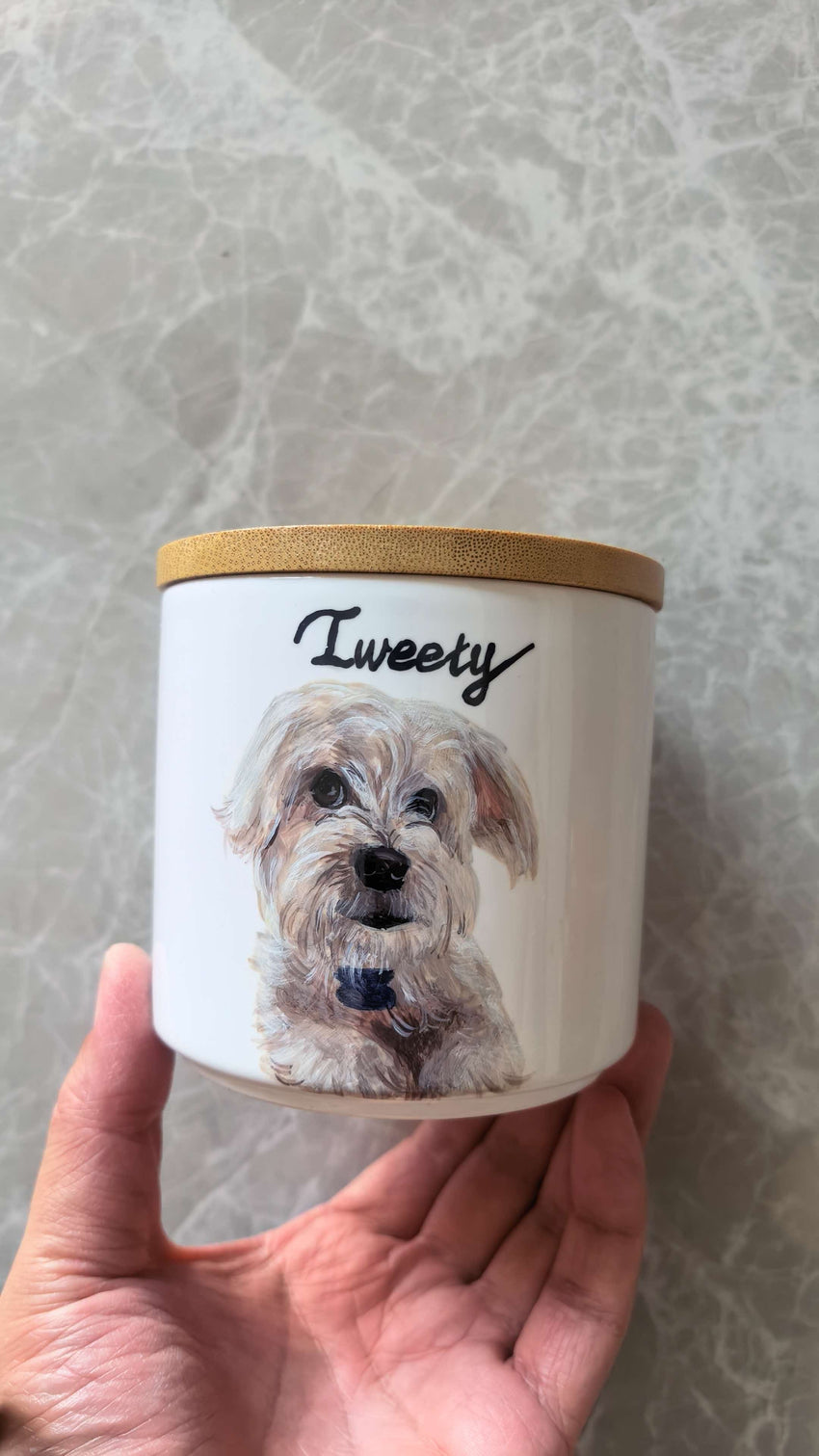 Sample 29 | Pet portrait mug · in hand