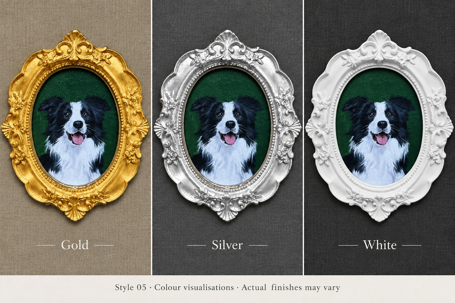 Illustrated comparison of a border collie portrait in gold, silver and white finishes