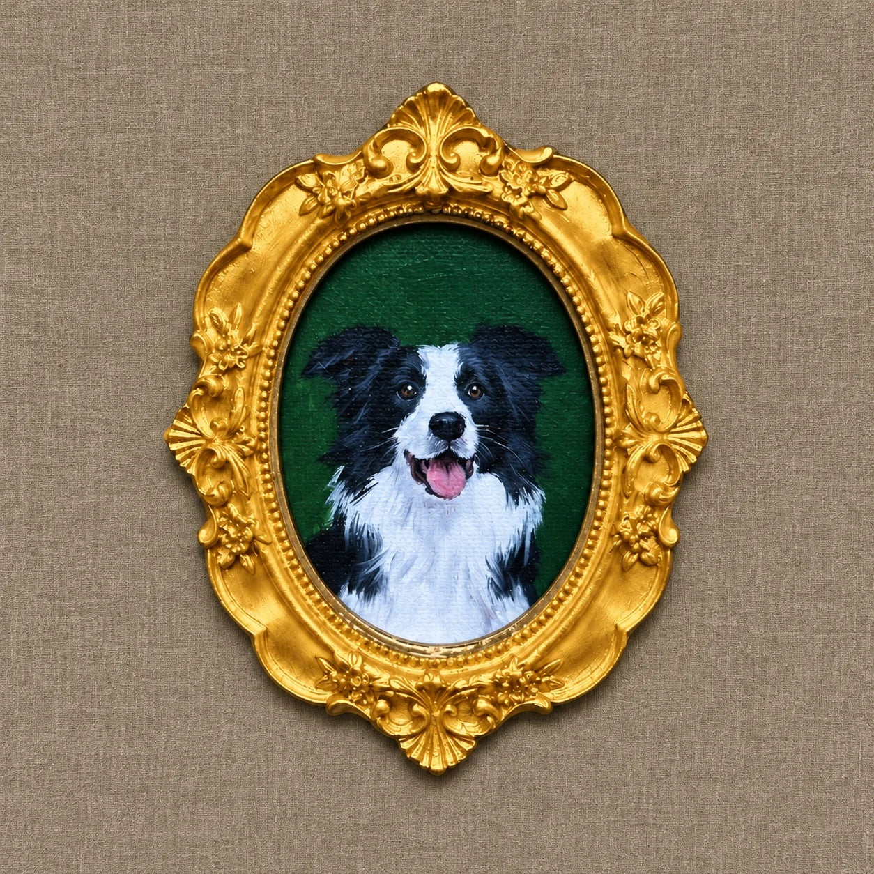 Example of a hand-painted border collie portrait in a complete bright gold frame