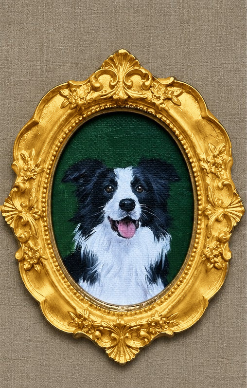 Gold frame colour illustration with a border collie portrait